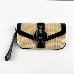 Ann Taylor Woven Straw Wristlet Wallet Tan Beige Black Leather